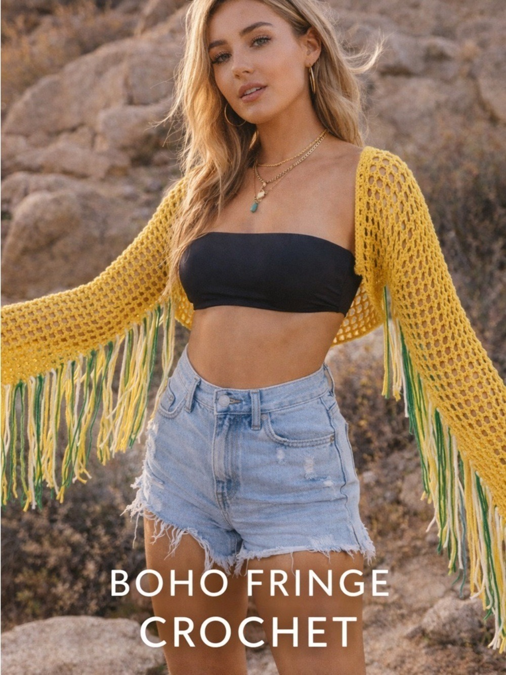 NWT Fashion Nova Crochet Fringe Bolero Top Yellow Boho Festival Medium